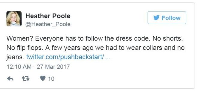 Твиттер Хизер Пул: Женщины? Каждый должен следовать дресс-коду. Нет шорт. Нет вьетнамки. Несколько лет назад мы должны были носить воротники и без джинсов.