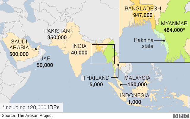 Карта, показывающая распространение рохингья в Азии