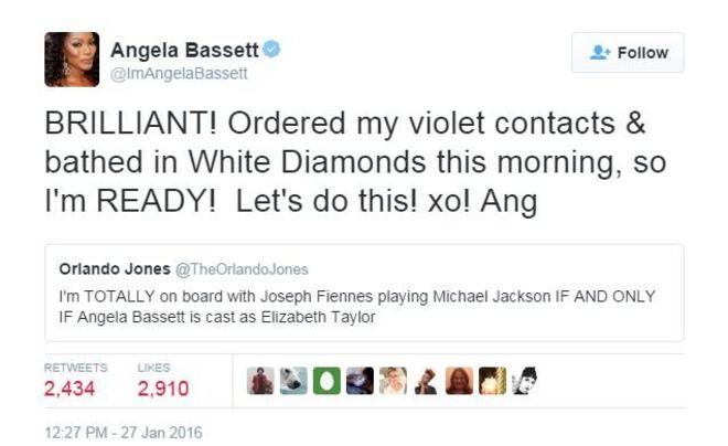 Анжела Бассетт написала в твиттере: «Бриллиант! Заказал мои фиолетовые контакты и Сегодня утром купались в Белых Бриллиантах, так что я ГОТОВ! Давай сделаем это! хо! Анг & Quot;