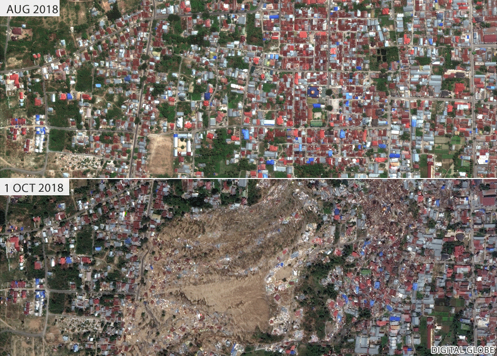 Изображения, показывающие окрестности Балароа до и после затопления грязью