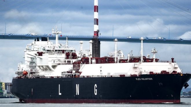 The LNG tanker Flex Volunteer, cruises near the Saint-Nazaire bridge over the Loire estuary, on April 12, 2022.