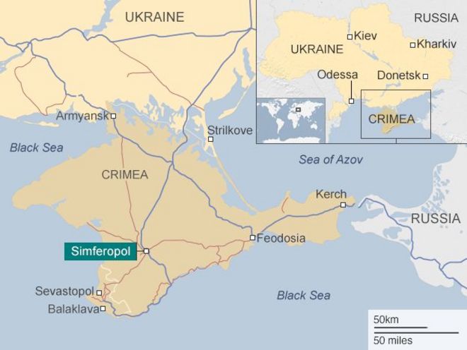 Карта Крыма, показывающая его близость к Украине и России