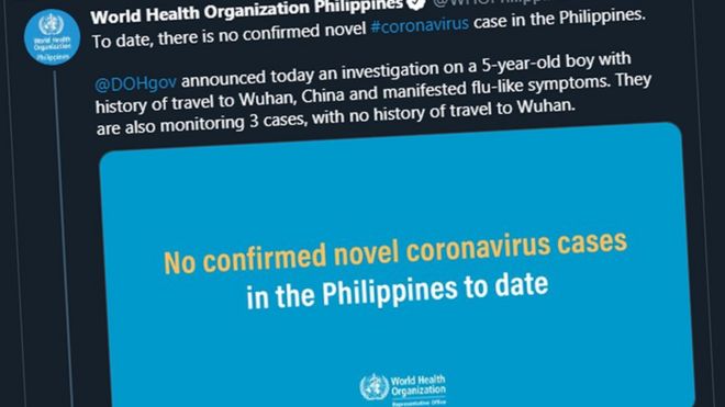 Скриншот твита Всемирной организации здравоохранения на Филиппинах
