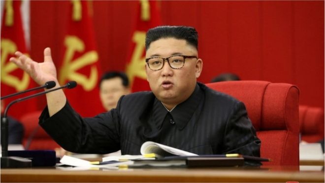 Kim Jong-un speaks during the opening of the 3rd Plenary Meeting of the 8th Central Committee of the Workers" Party of Korea