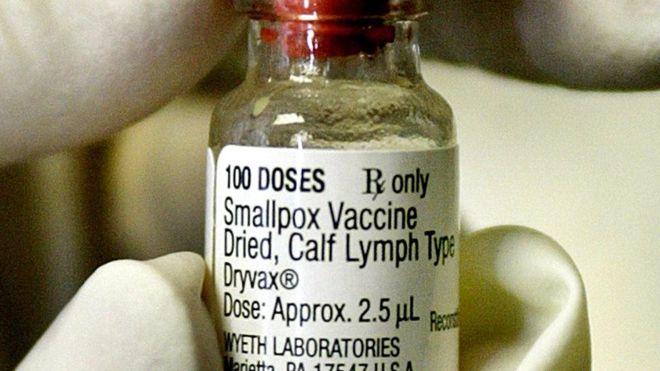 This file photo taken on 29 January 2003 shows a nurse holding a vial of smallpox vaccine in Los Angeles