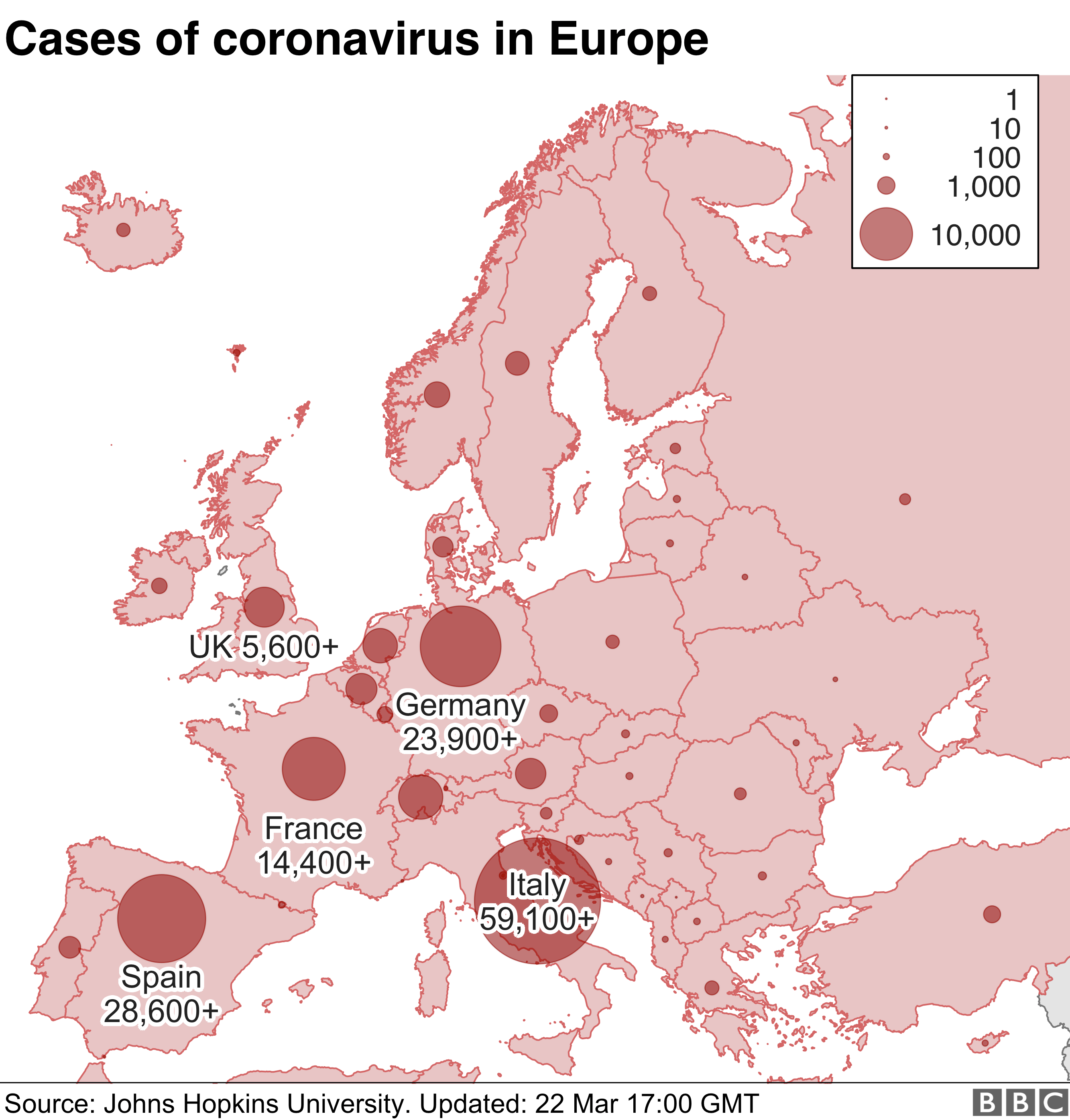 Map of Europe showing cases in several key countries