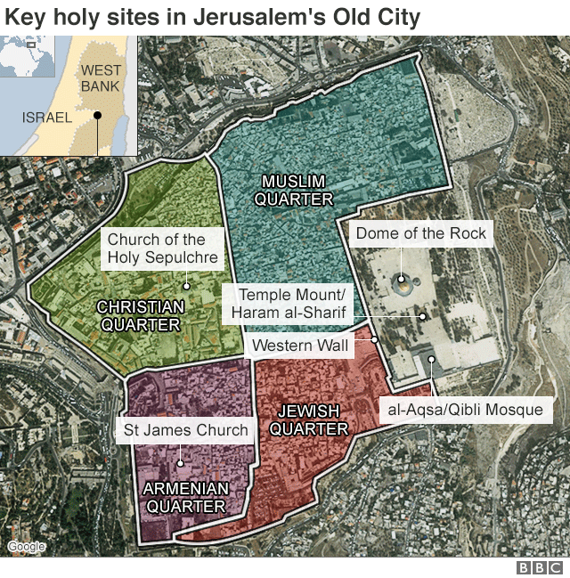 Карта с указанием ключевых святых мест в старом городе Иерусалима
