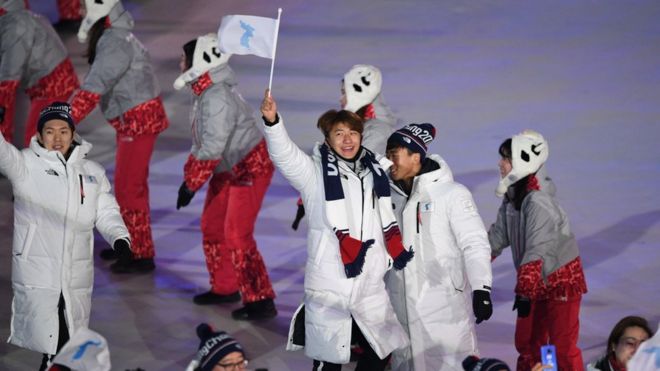 North and South Korean athletes marched under one flag at the opening ceremony