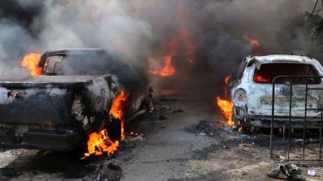 Aftermath of reported truck bomb attack in Afrin, north-western Syria, on 28 April 2020