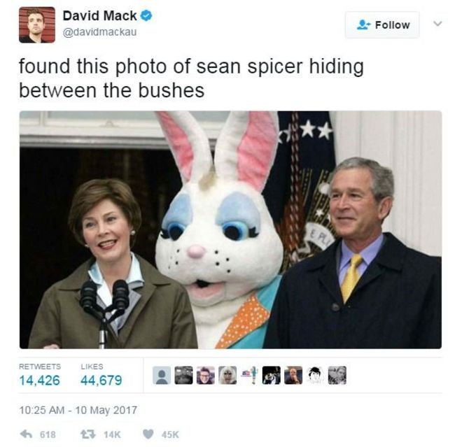 Дэвид Мак написал в Твиттере фотографию человека в гигантском костюме кролика, который позирует между Джорджем Бушем и его женой Лорой