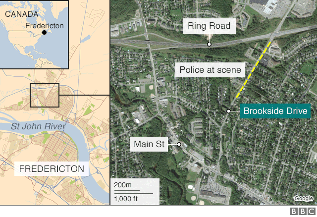 Карта BBC, показывающая место стрельбы и местонахождение Фредериктона в Канаде