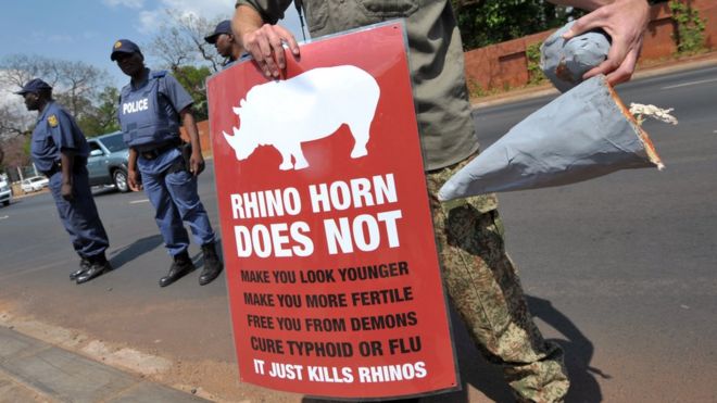 Протестующий держит плакат с призывом прекратить торговлю носорогами