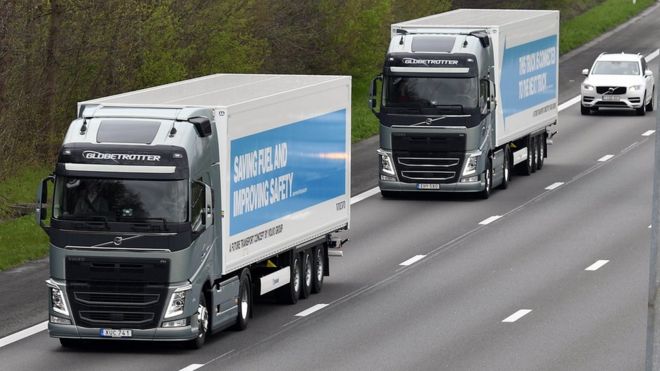 Two lorries travelling in a platoon