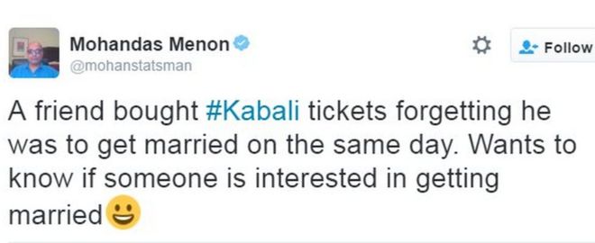 Друг купил билеты #Kabali, забыв, что он должен жениться в тот же день. Хочет знать, заинтересован ли кто-нибудь в женитьбе? €