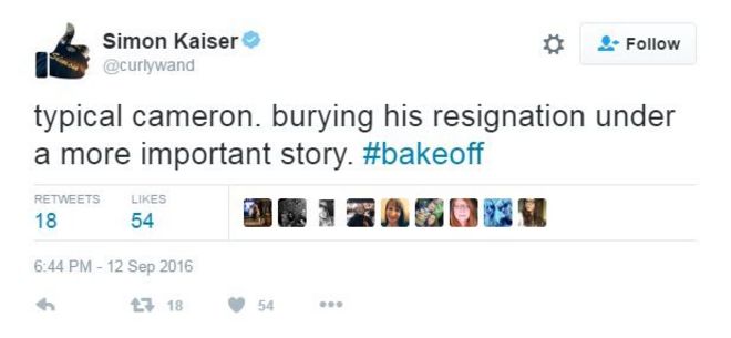 Саймон Кайзер в Твиттере: Типичный Кэмерон. Хоронить его отставку под более важной историей. Хэштег: испечь
