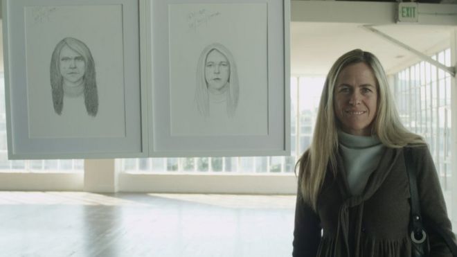 Женщина рядом с двумя разными рисунками себя в рекламе Голубя.