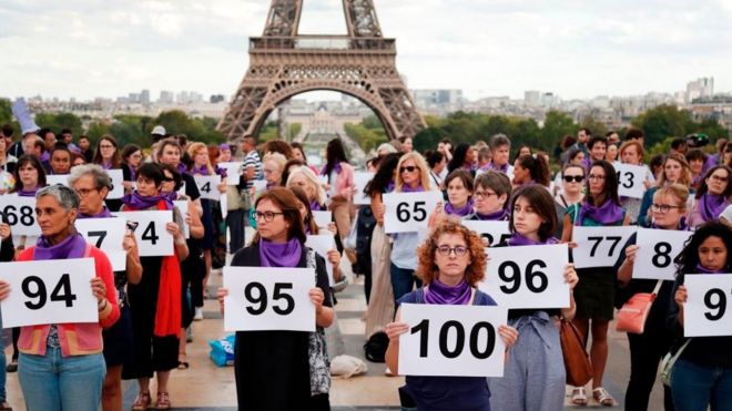 Women gathered in front of the Eiffel tower holding up numbers to represent the 100 femicides in France this year