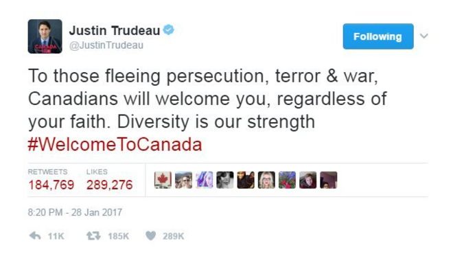 Джастин Трюдо пишет в Твиттере: Для тех, кто бежит от преследований, террора и войны, канадцы будут приветствовать вас, независимо от вашей веры. Разнообразие - наша сила. Добро пожаловать в Канаду.