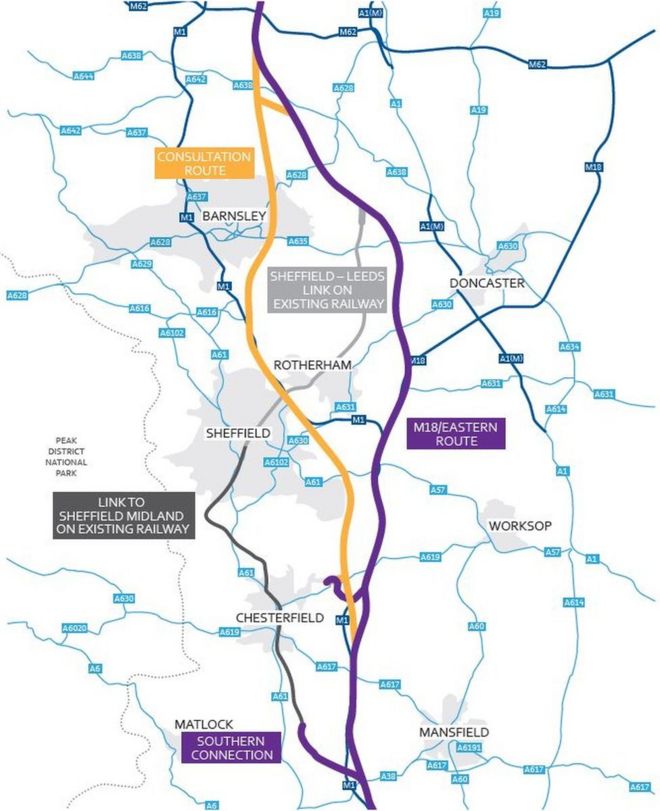 Предлагаемый новый маршрут HS2 через Южный Йоркшир