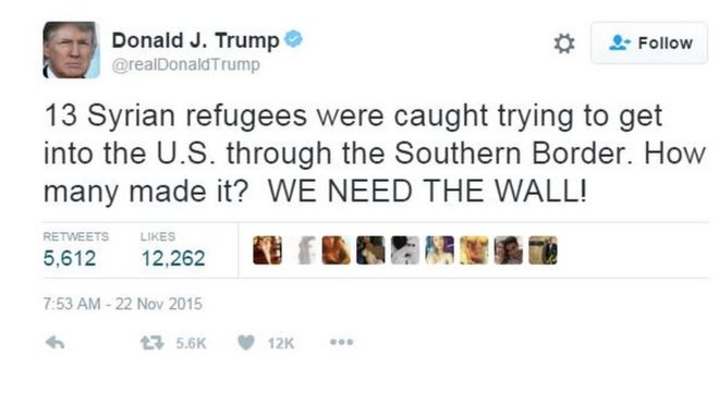 Твит Дональда Трампа, призывающего к гигантской стене через южную границу США