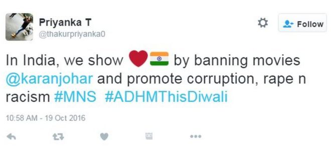 В Индии мы показываем видео, запрещая фильмы @karanjohar и пропагандируя коррупцию, изнасилование и расизм #MNS #ADHMThisDiwali
