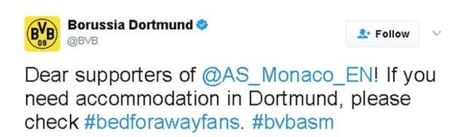 Tweet by Borussia Dortmund: Уважаемые сторонники @AS_Monaco_EN! Если вам нужно жилье в Дортмунде, пожалуйста, проверьте #bedforawayfans. #bvbasm