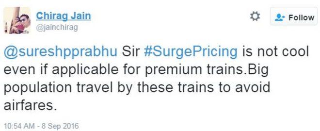 @sureshpprabhu Сэр #SurgePricing - это не круто, даже если это применимо для премиальных поездов. На этих поездах путешествует большое количество людей, чтобы избежать тарифов на авиабилеты.