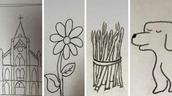 Dibujos de una iglesia, una flor, unas ramitas atadas y un perro.