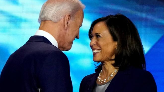 Former Vice-President Joe Biden talks with Senator Harris after the conclusion of the 2020 Democratic US presidential debate in Houston, Texas, 12 September 2019