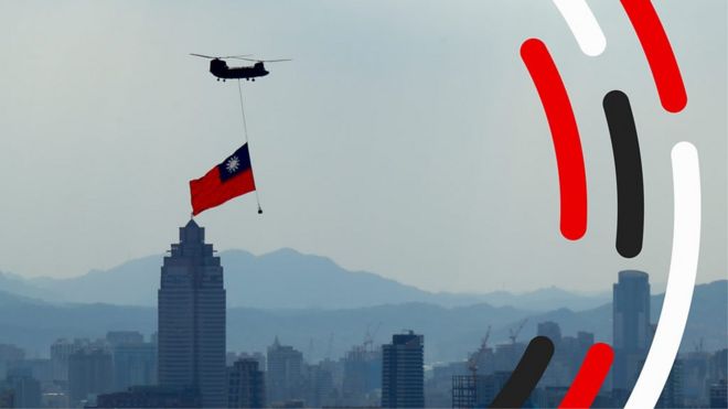 Taiwan flag hanging from helicopter