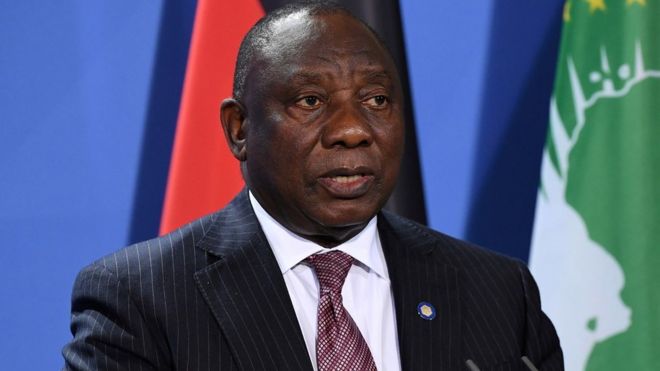 South African President Cyril Ramaphosa addresses a press conference after the G20 Compact with Africa conference at the Chancellery in Berlin, Germany August 27, 2021.