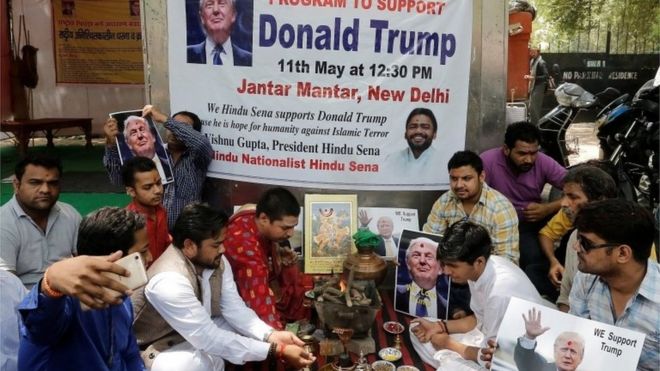 Activists of Hindu Sena, a Hindu right-wing group, perform a special prayer to ensure a victory of Republican U.S. presidential candidate Donald Trump in the upcoming elections, according to a media release, in New Delhi, India May 11, 2016.