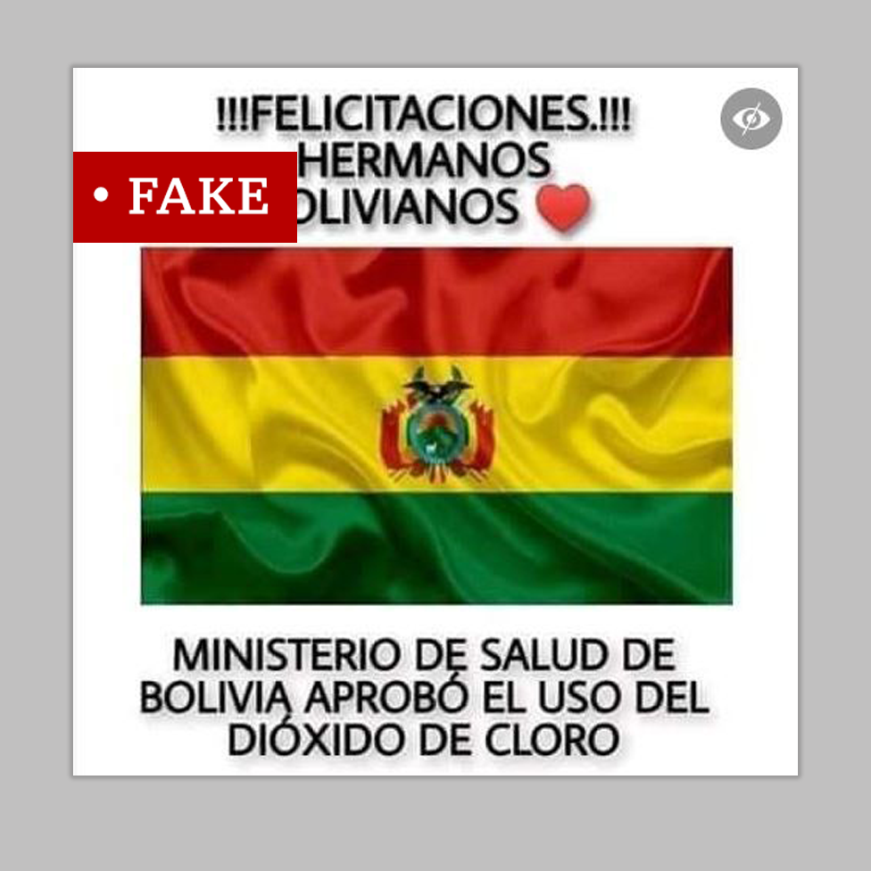 Сообщение с надписью «фальшивка», в котором говорится, что Боливия одобрила диоксид хлора для лечения коронавируса