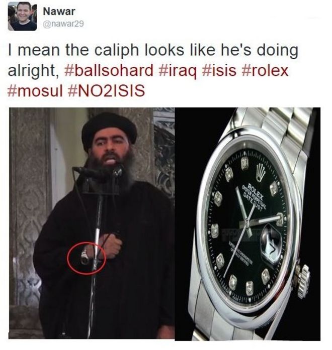 Комментарий в твиттере гласит: «Странная вещь в халифе Багдади в том, что у него очень сложные часы, и он до сих пор не может сказать, какое это тысячелетие.