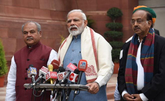 Prime Minister Narendra Modi addresses the media on the first day of the budget session in Parliament, on January 31, 2019 in New Delhi, India.