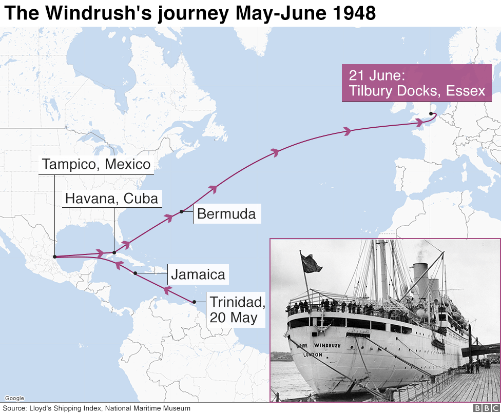 Map showing the Windrush's journey in June 1948