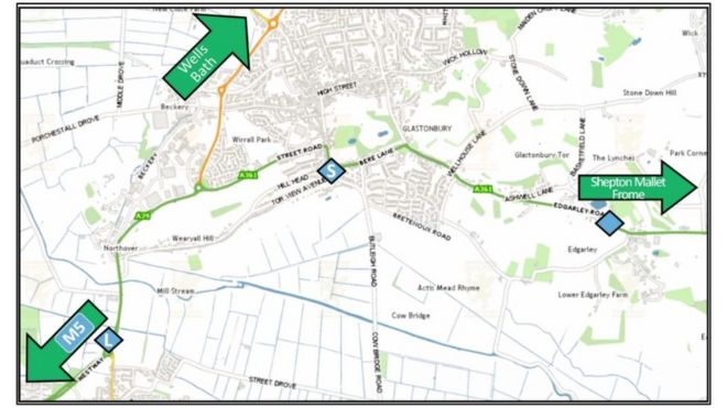 Возможные местоположения обхода A361 и A39 в Гластонбери