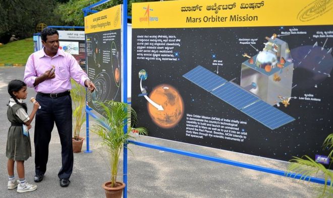 Отец и дочь смотрят на плакат Марса в планетарии им. Неру в качестве специального предварительного просмотра первой индийской миссии Марса в Бангалоре 23 сентября 2014 года