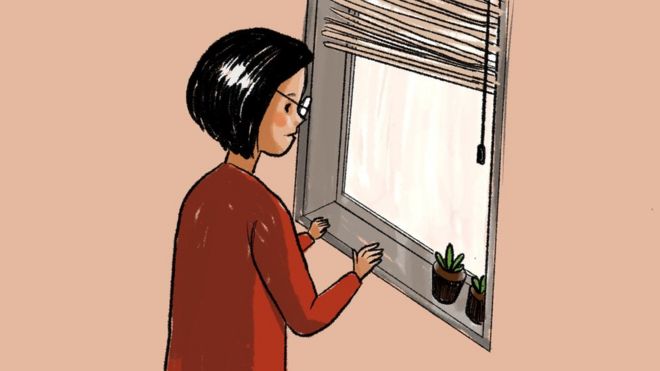 Illustration of a woman looking out of a window