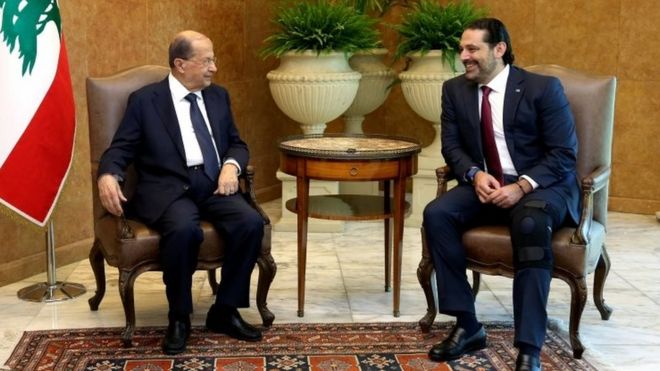 Lebanese President Michel Aoun meets with Lebanon's Prime Minister Saad al-Hariri at the presidential palace in Baabda, Lebanon, on 28 September 2017