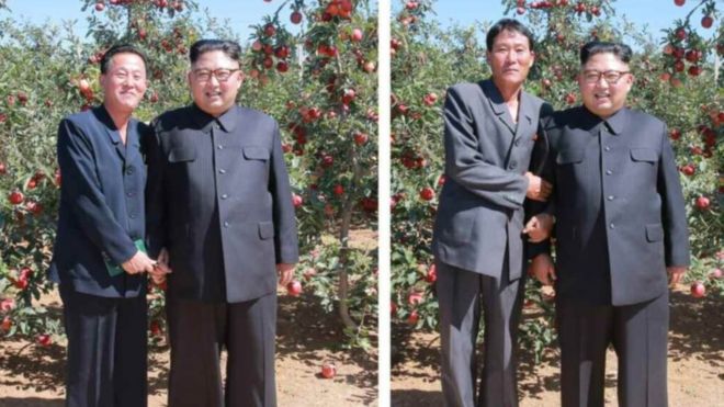 На них показаны отдельные фотографии, которые Ким Чен Ун сделал с фермерами-фруктами, показывающими как запирание руки, так и удерживание руки Девушка показана переполнена эмоциями, когда она держит руку тогдашнего лидера Ким Чен Ира