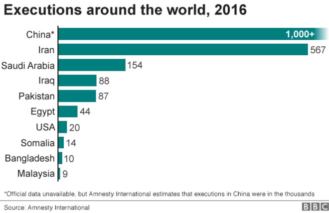 Диаграмма показывает, в каких странах было зарегистрировано наибольшее количество казней в 2016 году