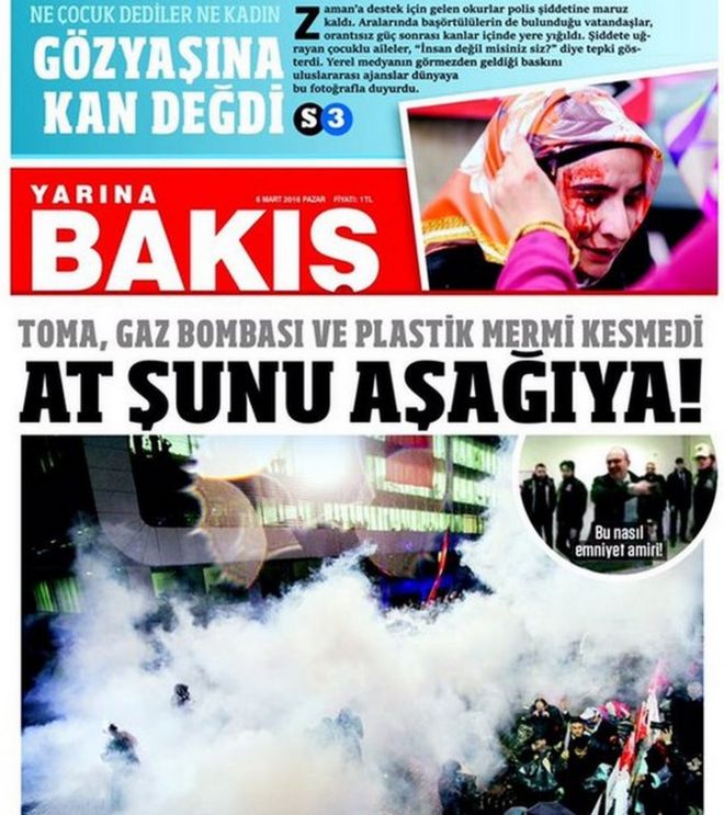 Первая полоса новой турецкой газеты Yarina Bakis - 6 марта 2016 года