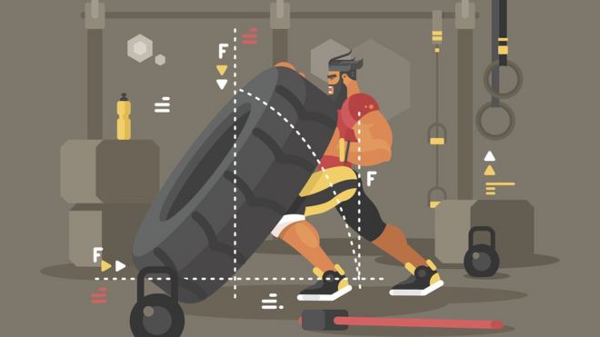 Ilustração mostra homem forte levantando pneu em meio a outros equipamentos de musculação