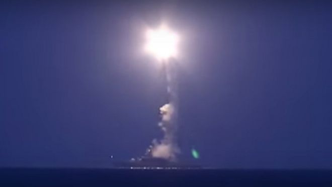 A warship launches a missile in the Caspian Sea