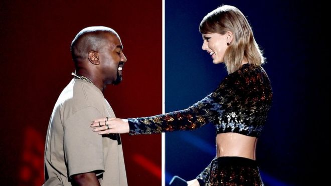 Imagen de Taylor Swift y de Kanye West con fondo de color diferente representando el lado político que respaldan.