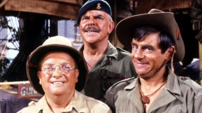 Pictured in 1981 with Don Estelle and Melvyn Hayes in It Ain't Half Hot Mum