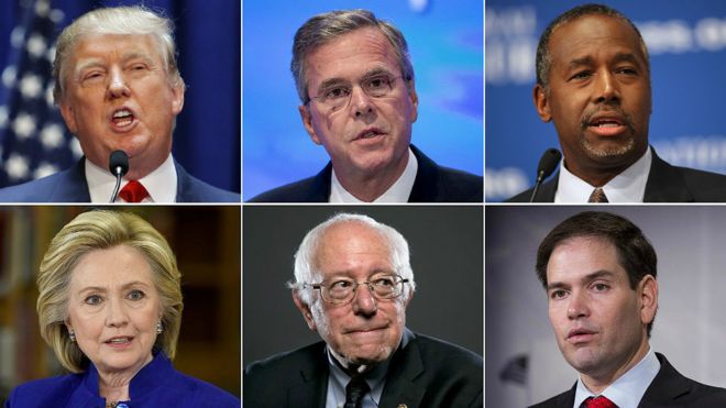 По часовой стрелке сверху слева: Дональд Трамп, Джеб Буш, Бен Карсон, Марко Рубио, Берни Сандерс, Хиллари Клинтон