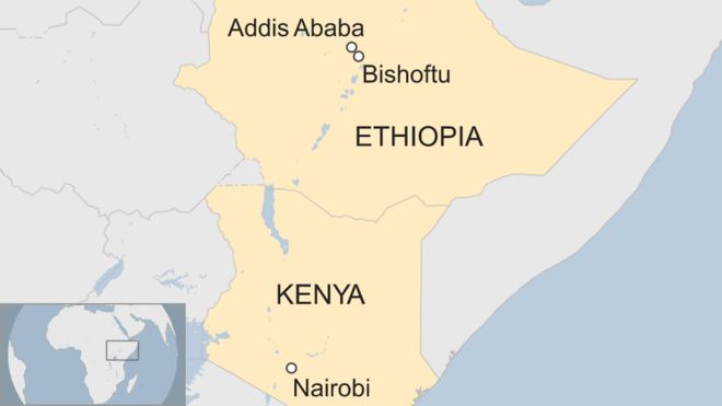 Map of Ethiopia and Kenya showing location of capitals Addis Ababa and Kenya, and Bishoftu where the plane went down