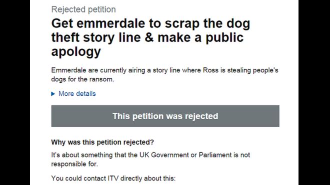 Петиция с просьбой принести извинения программе «Эммердейл», в которой говорится, что «Эммердейл в настоящее время передает сюжетную линию, где Росс крадет собак людей для выкупа».